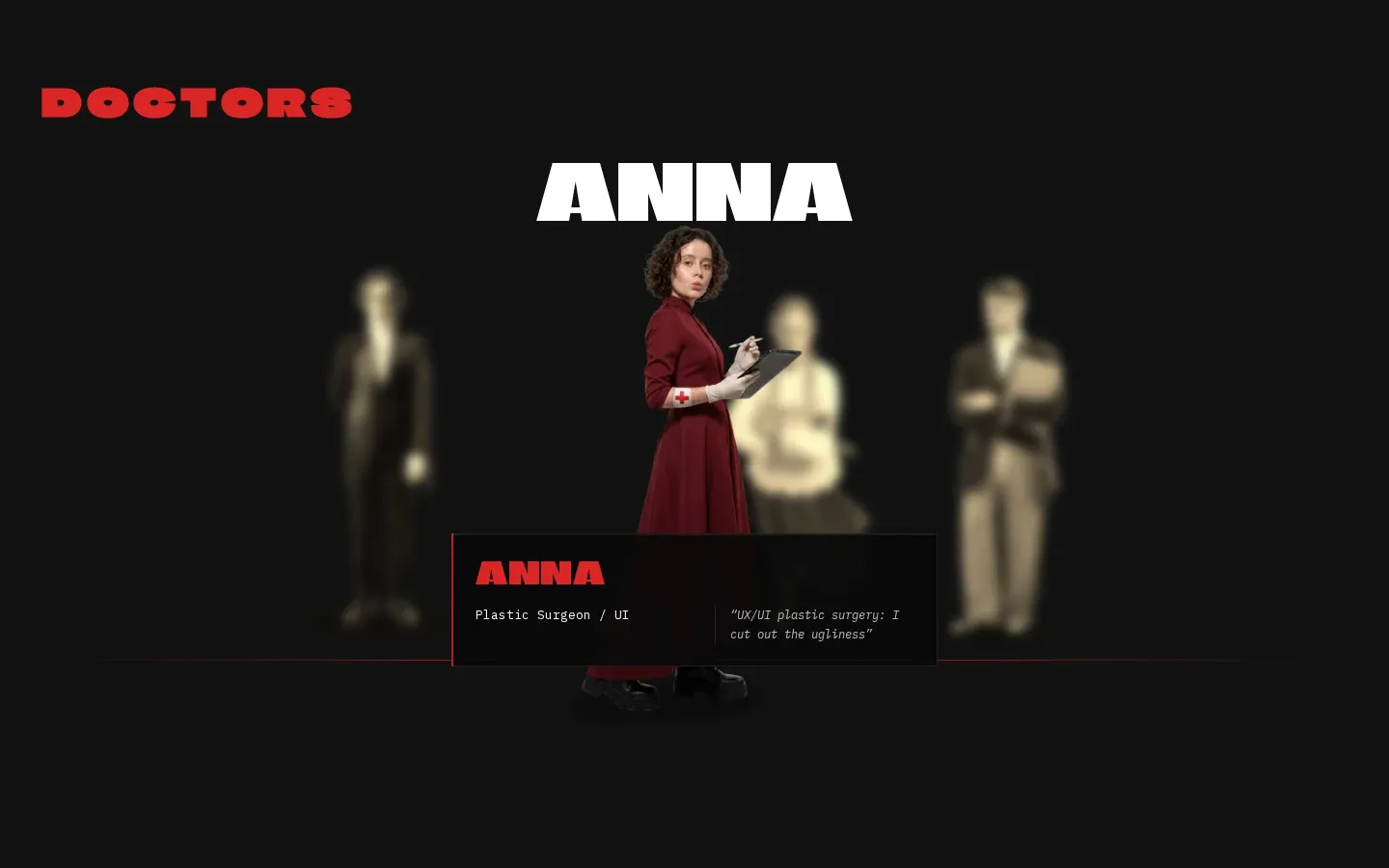 Anna in focus in the DOCTORS scene, with the themed title Plastic Surgeon / UI