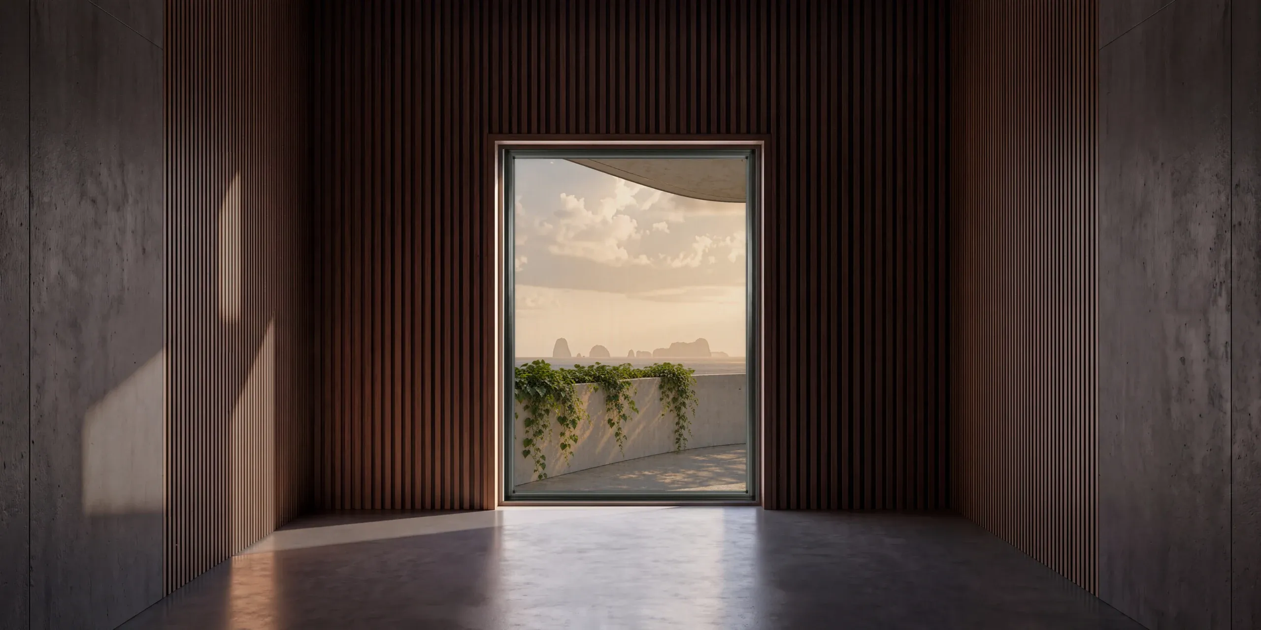 A timber-lined room framing an open doorway to a sunlit terrace and the Andaman Sea