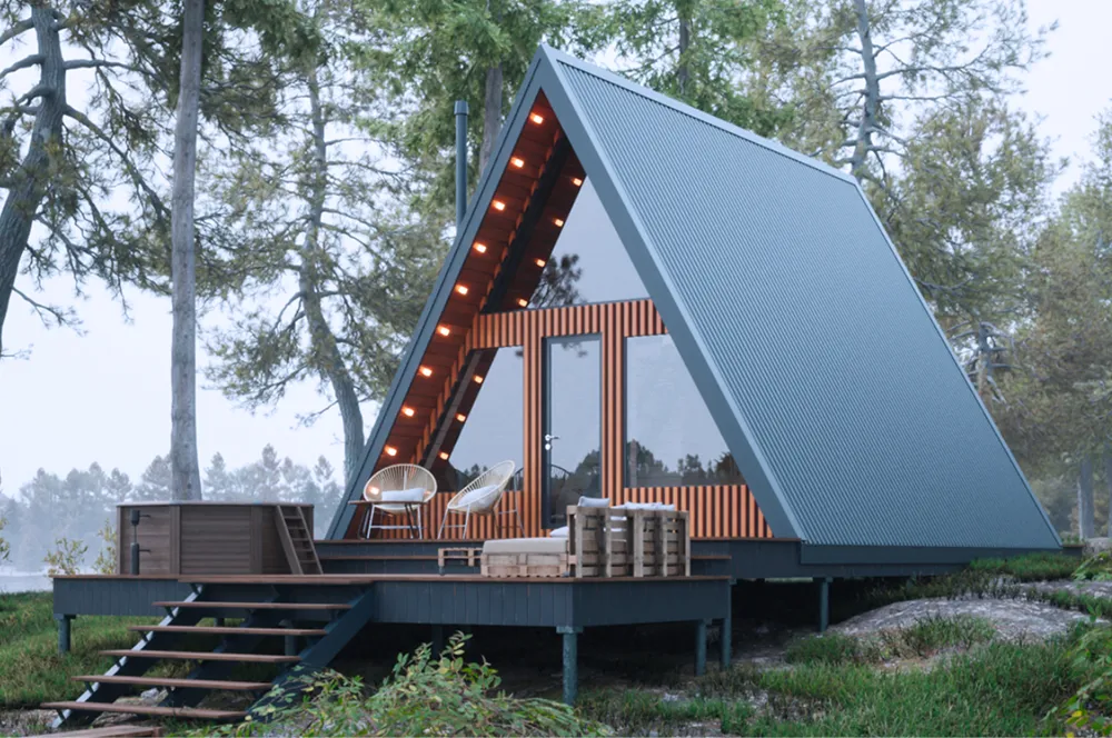 A-frame house in the forest, wide shot