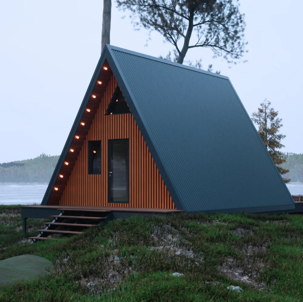 A-frame house in the mist, medium shot