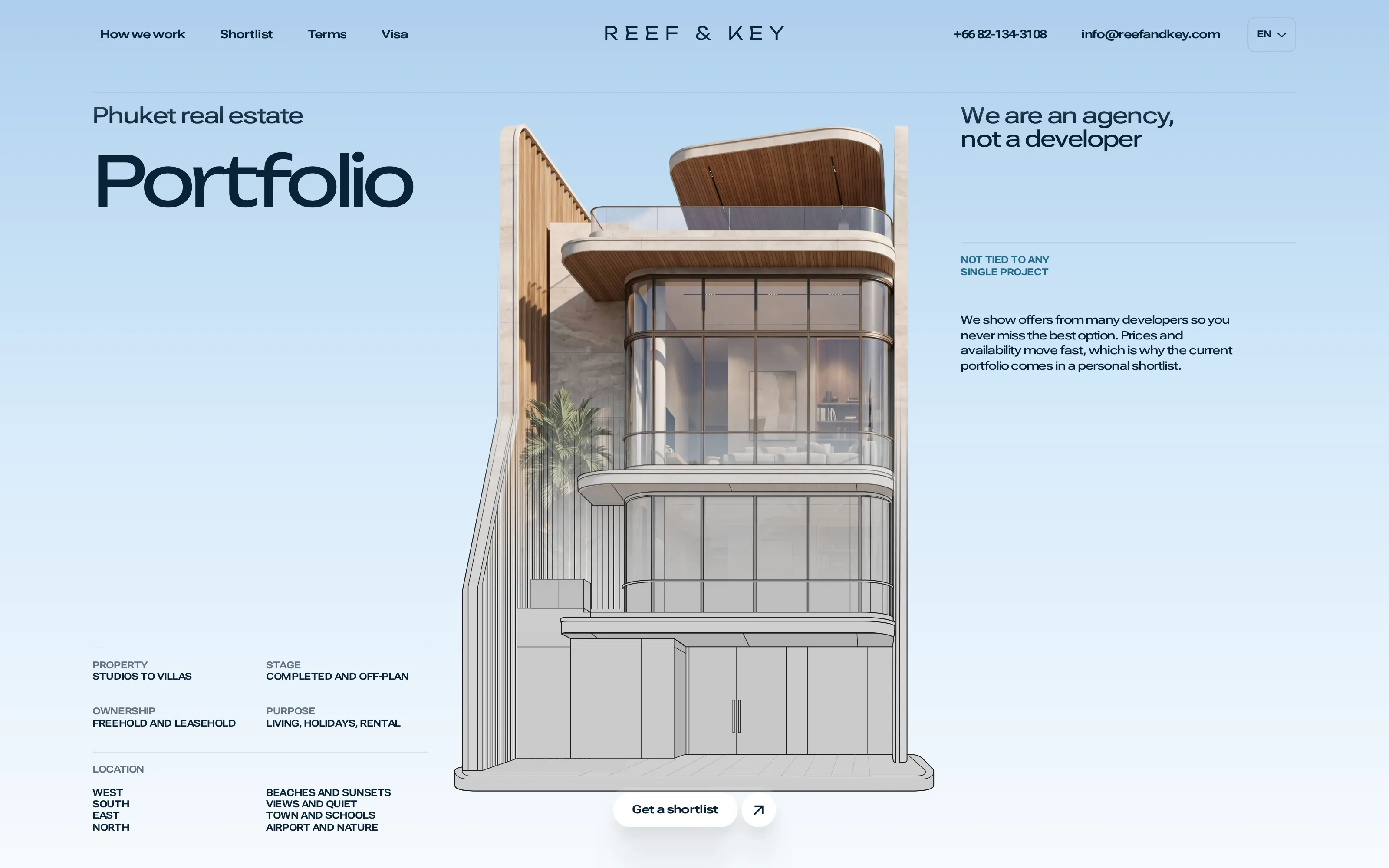 The English Reef & Key desktop website, with the villa halfway through its transition from a photograph to an architectural drawing
