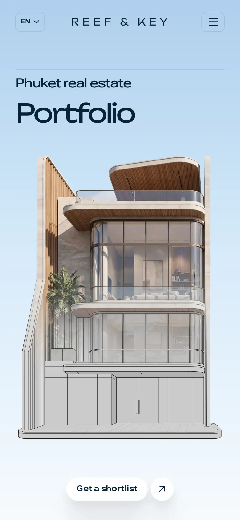 The English Reef & Key mobile website, with the villa halfway through its transition from a photograph to an architectural drawing