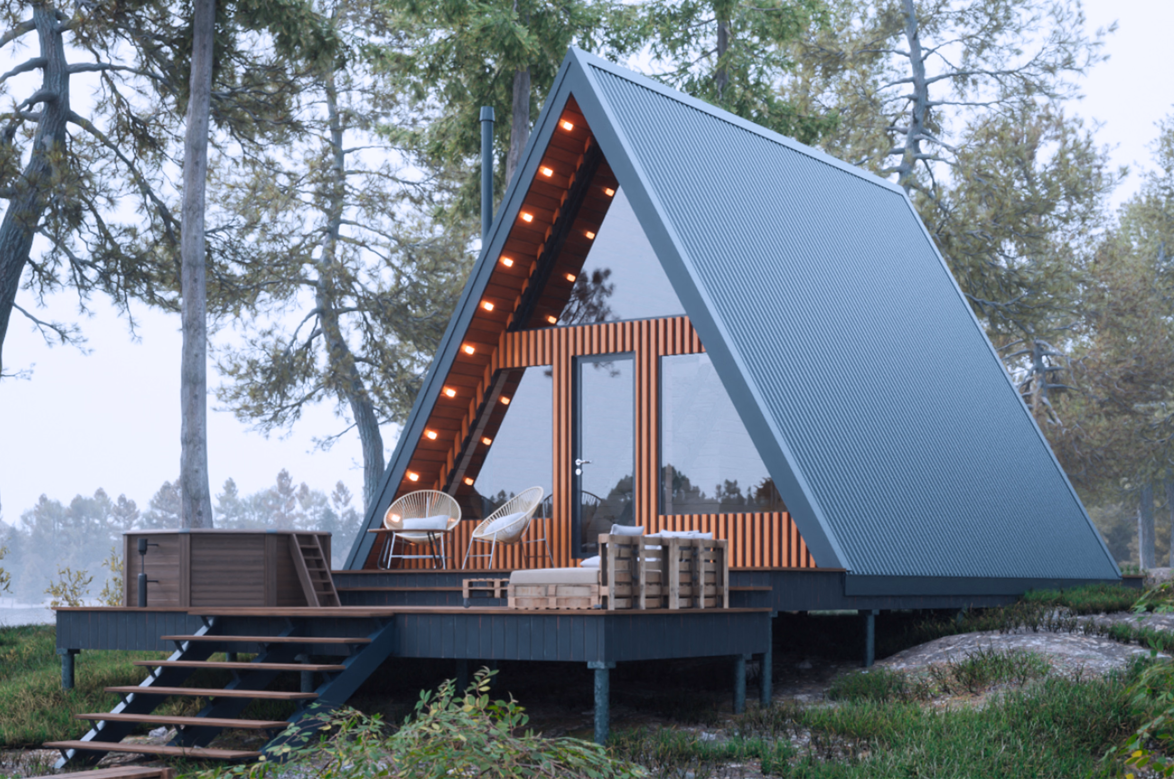 A-frame house in the forest, wide shot