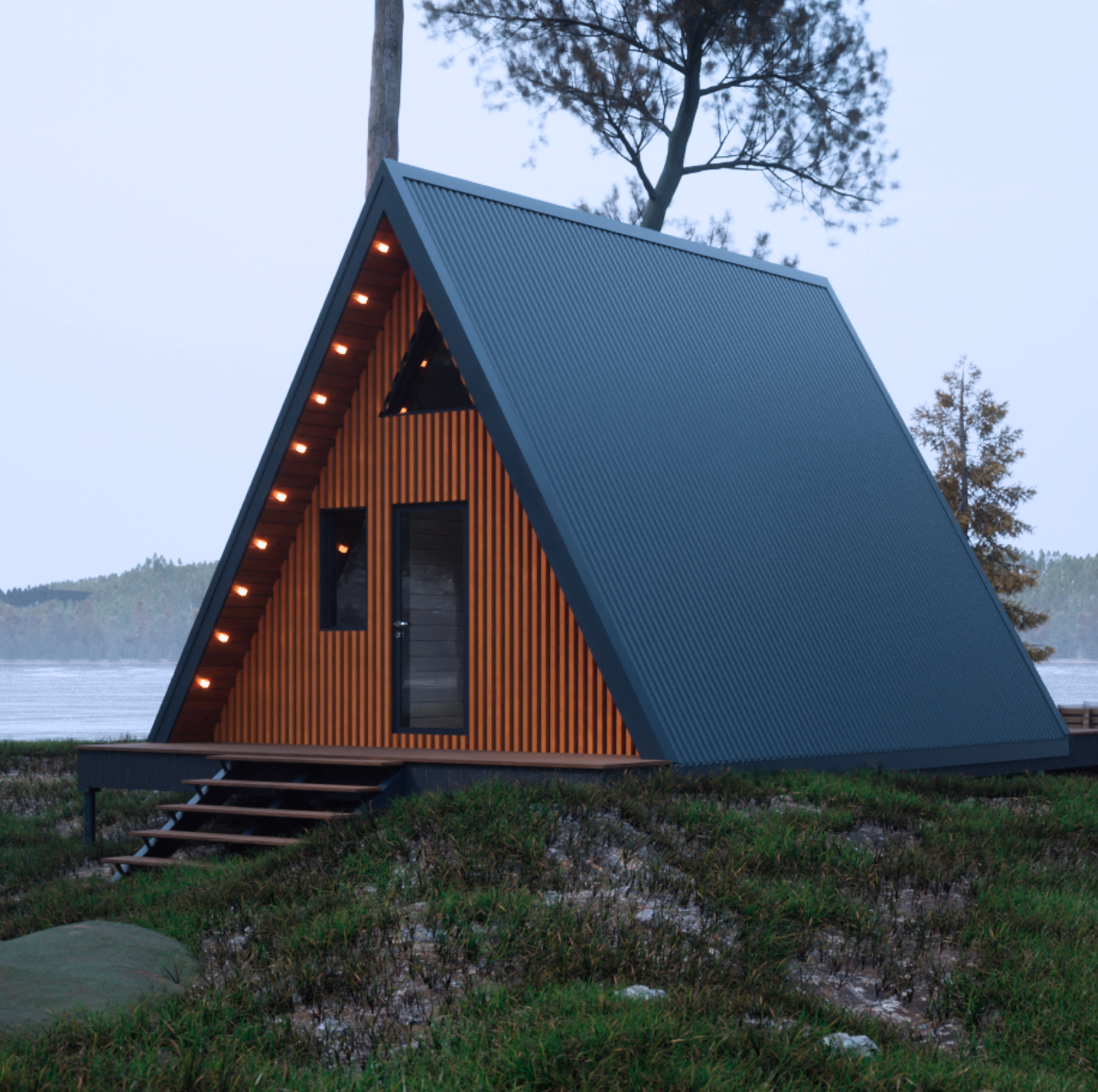 A-frame house in the mist, medium shot